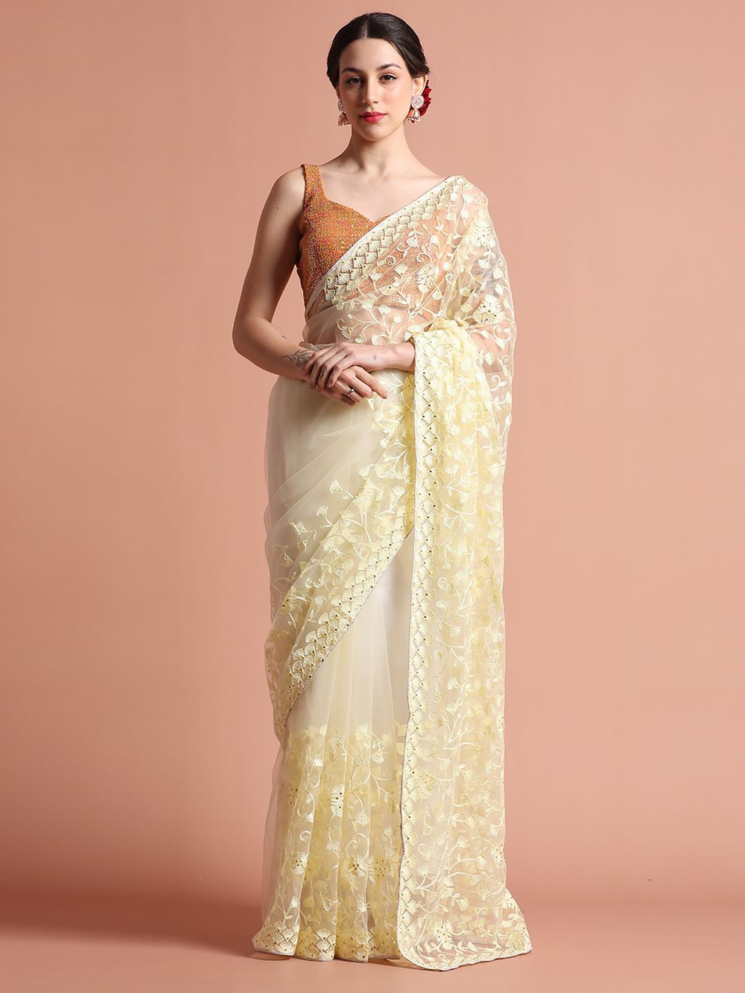 

Jaipur Kurti Party Wear Floral Embroidered Net Saree, Cream