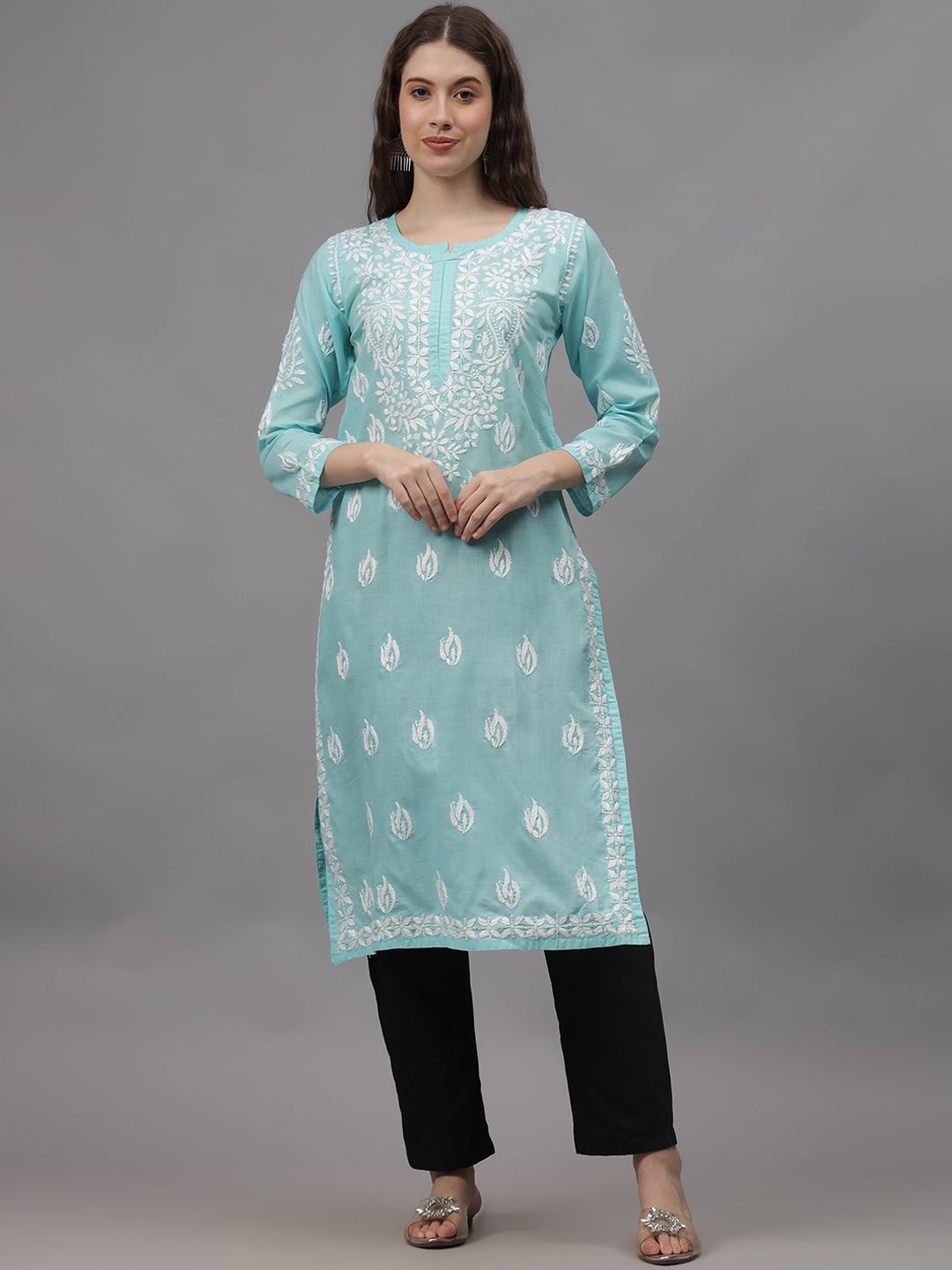 

Seva Chikan Ethnic Motifs Embroidered Chikankari Cotton Straight Kurta, Sea green