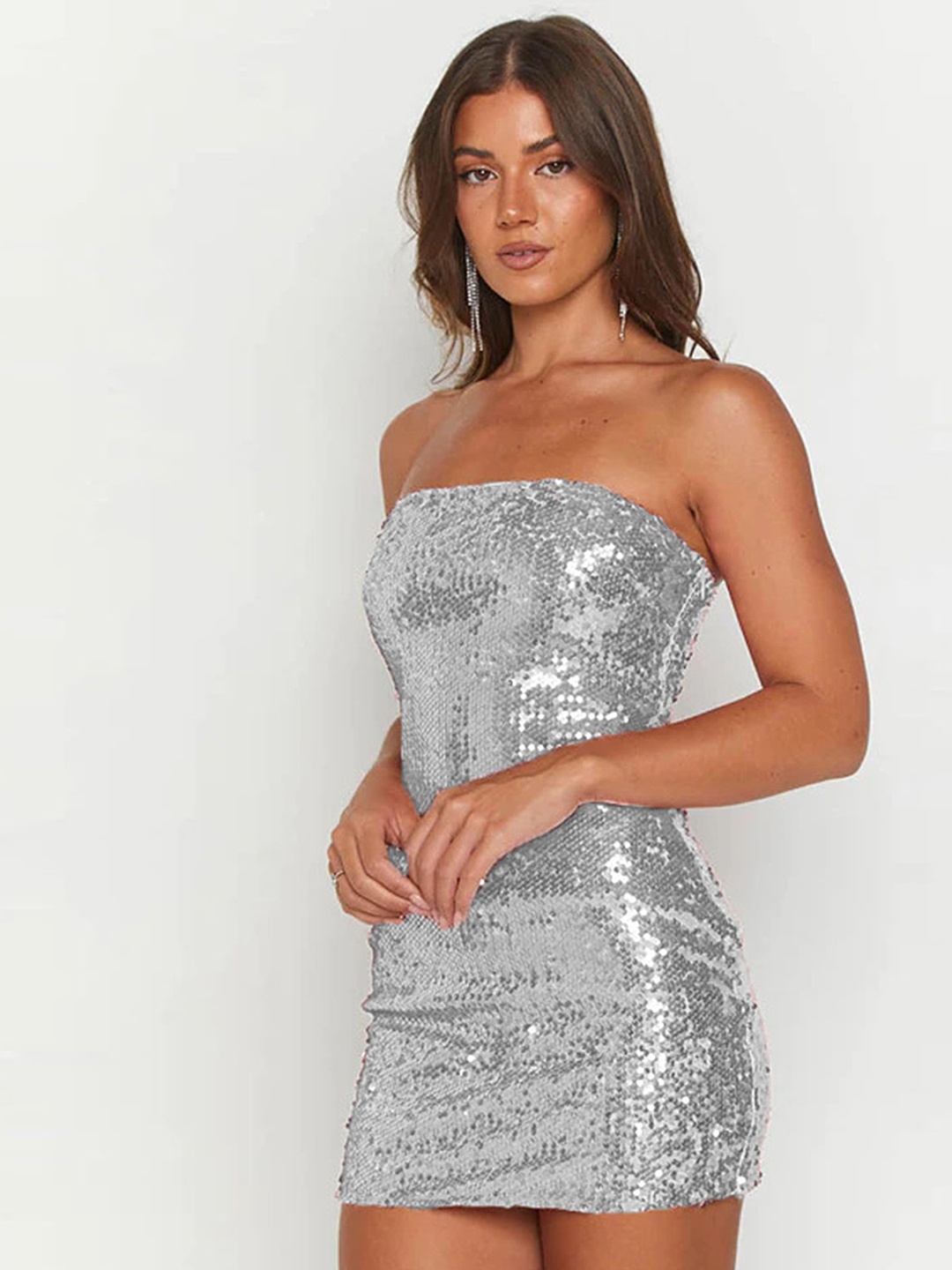 

LULU & SKY Embellished Off-Shoulder Bodycon Mini Dress, Silver