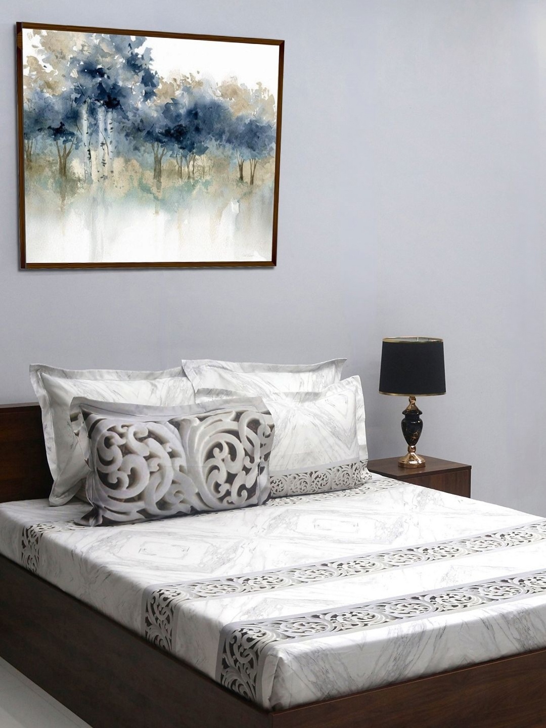 

BOMBAY DYEING Urban Living Grey Printed 400 TC Cotton King Bedsheet with 4 Pillow Covers