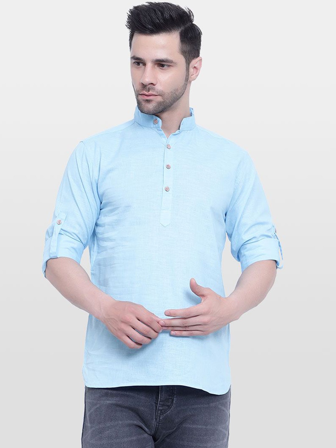 

TrendiVastra Mandarin Collar Cotton Straight Kurta, Sea green