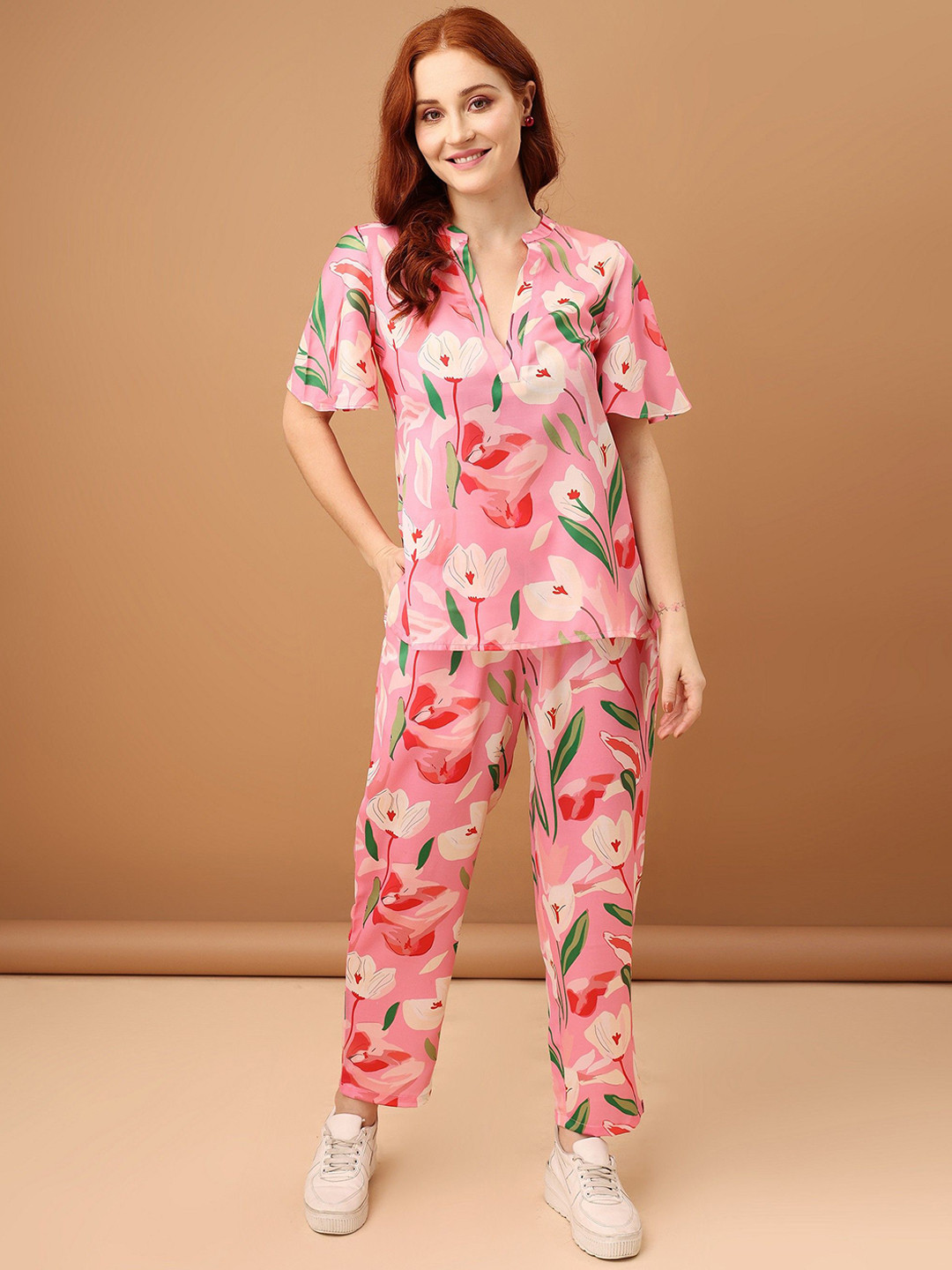 

Amarasha Printed Mandarin Collar Top With Trousers, Pink
