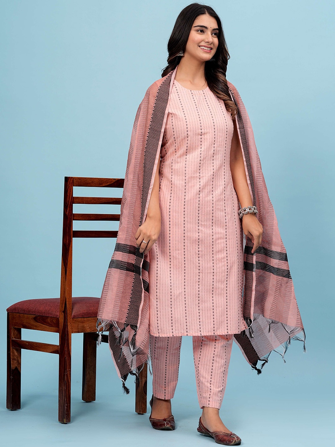 

HEARTLOOM Striped Sleeveless Pure Cotton Straight Kurta With Trousers & Dupatta, Orange
