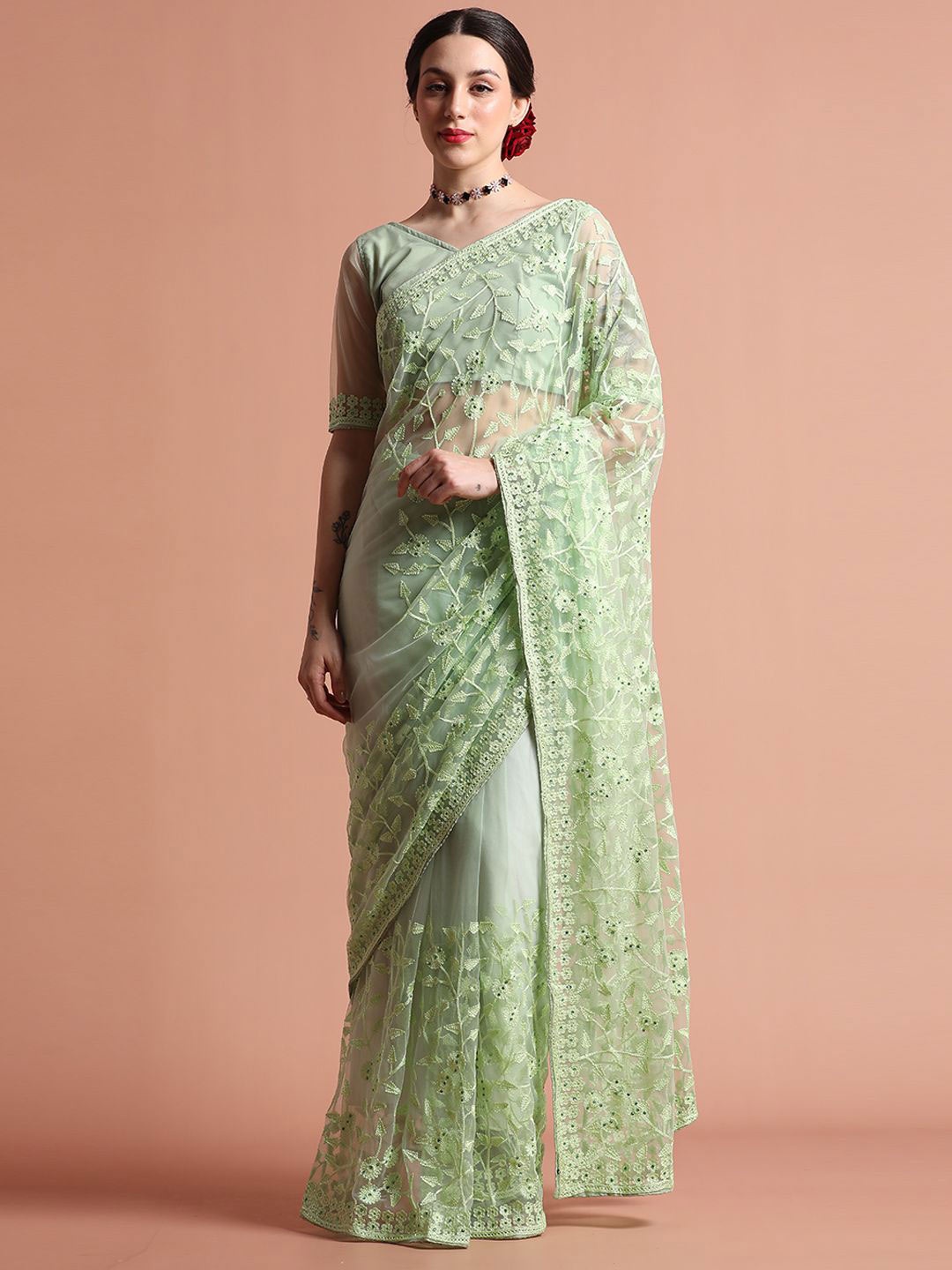 

Jaipur Kurti Party Wear Floral Embroidered Net Saree, Green