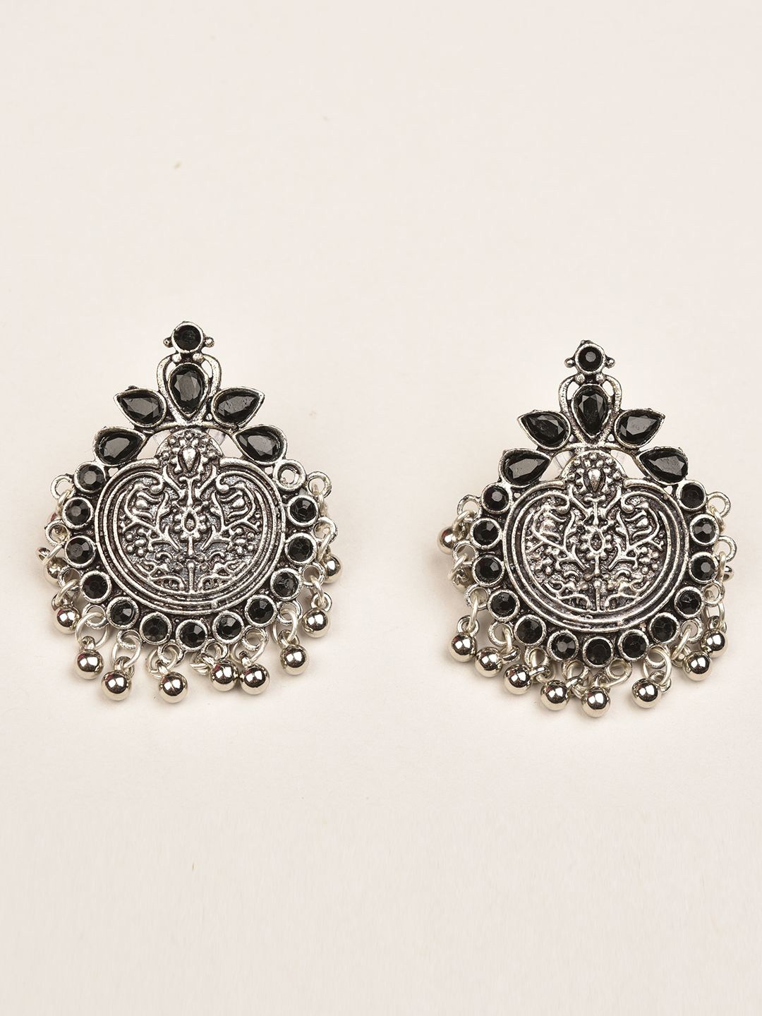 

Jaipur Folk Silver Plated Rhinestone Studded Oxidised Drop Earrings