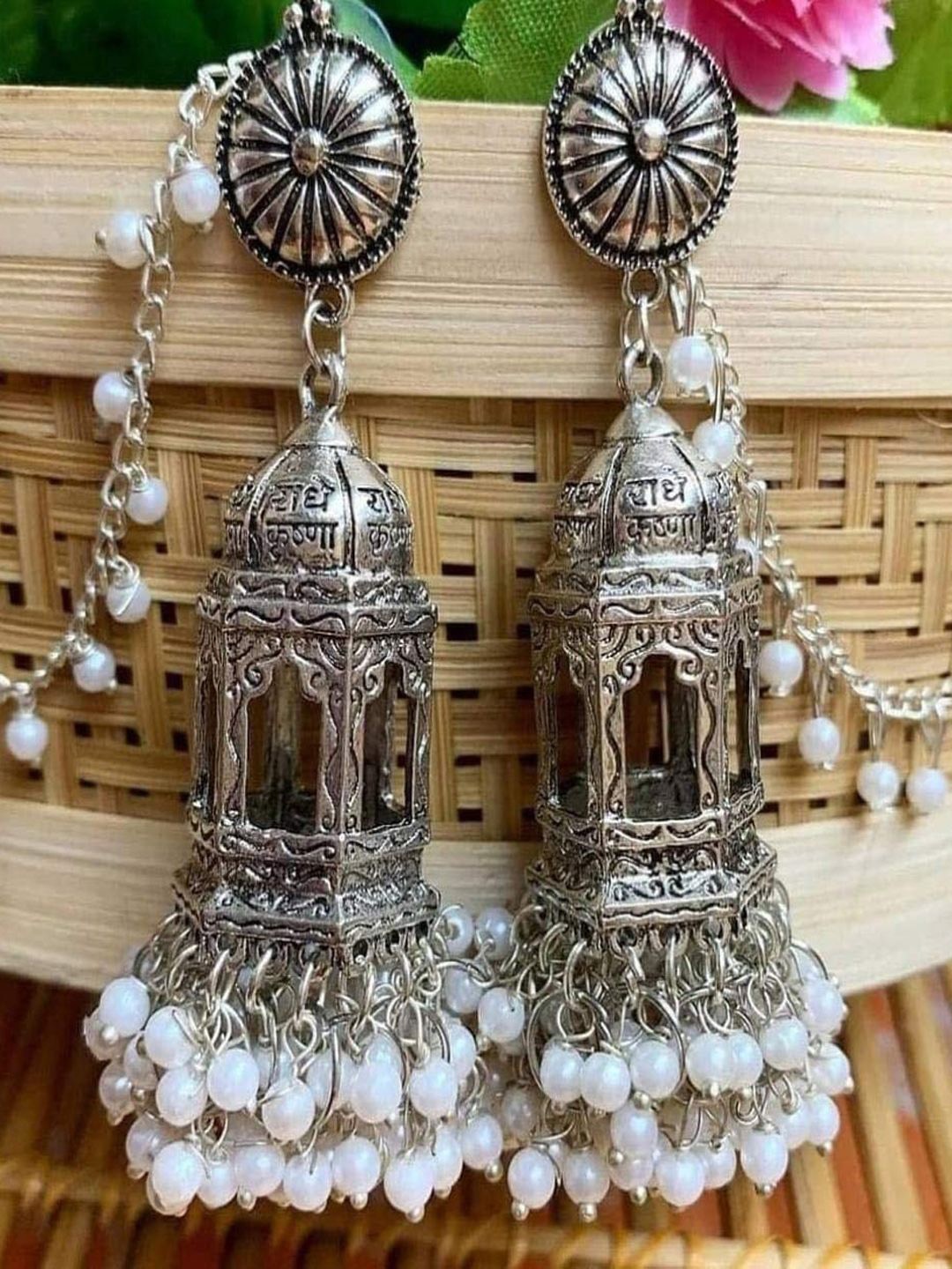 

VAGHBHATT Oxidized Silver-Plated Dome Shaped Pearl Kashmiri Jhumkas With Ear Chain