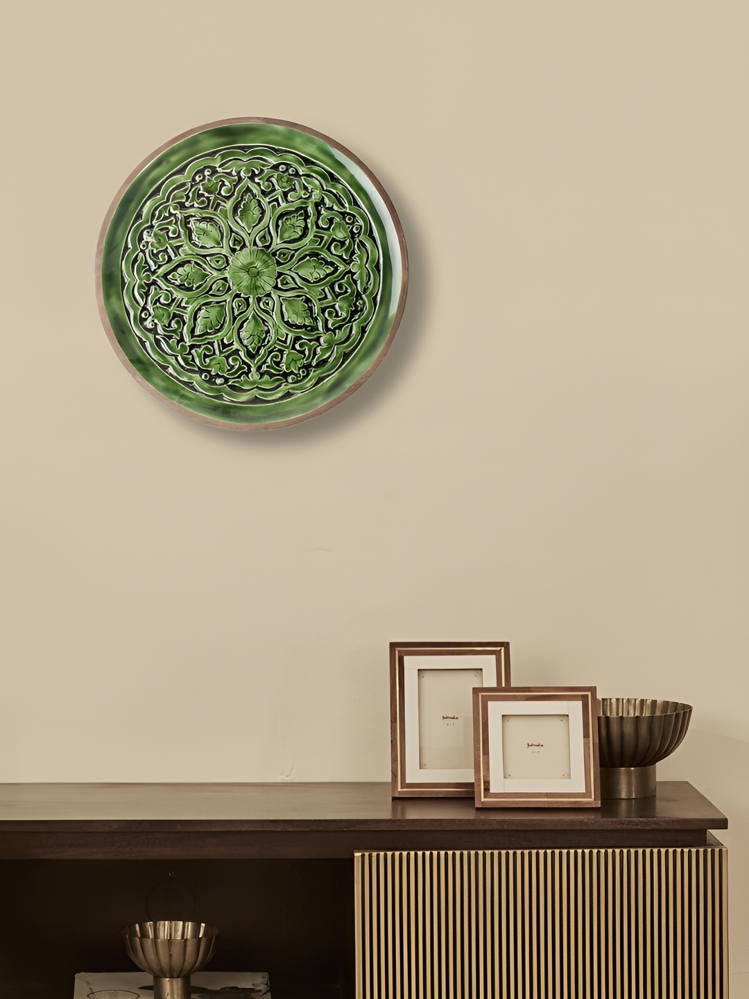 

Fabindia Gulmohar Green Textured Wooden Wall Plate