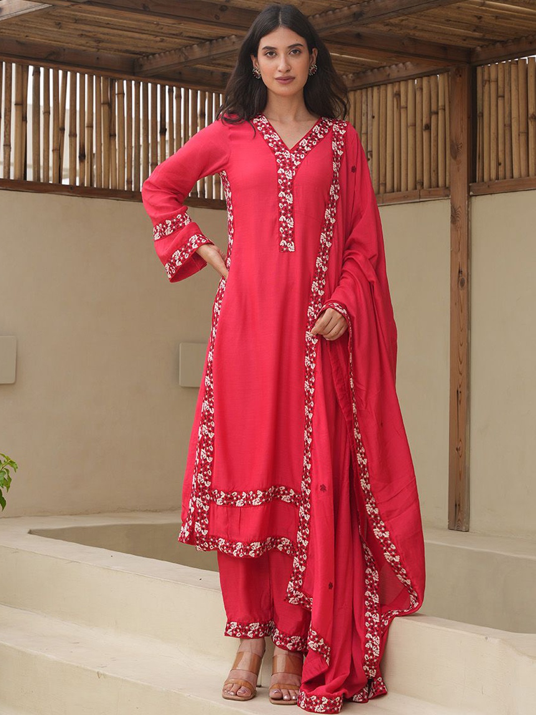 

OneWe Maria Floral Yoke Design Thread Work A-Line Kurta with Trousers & Dupatta, Red