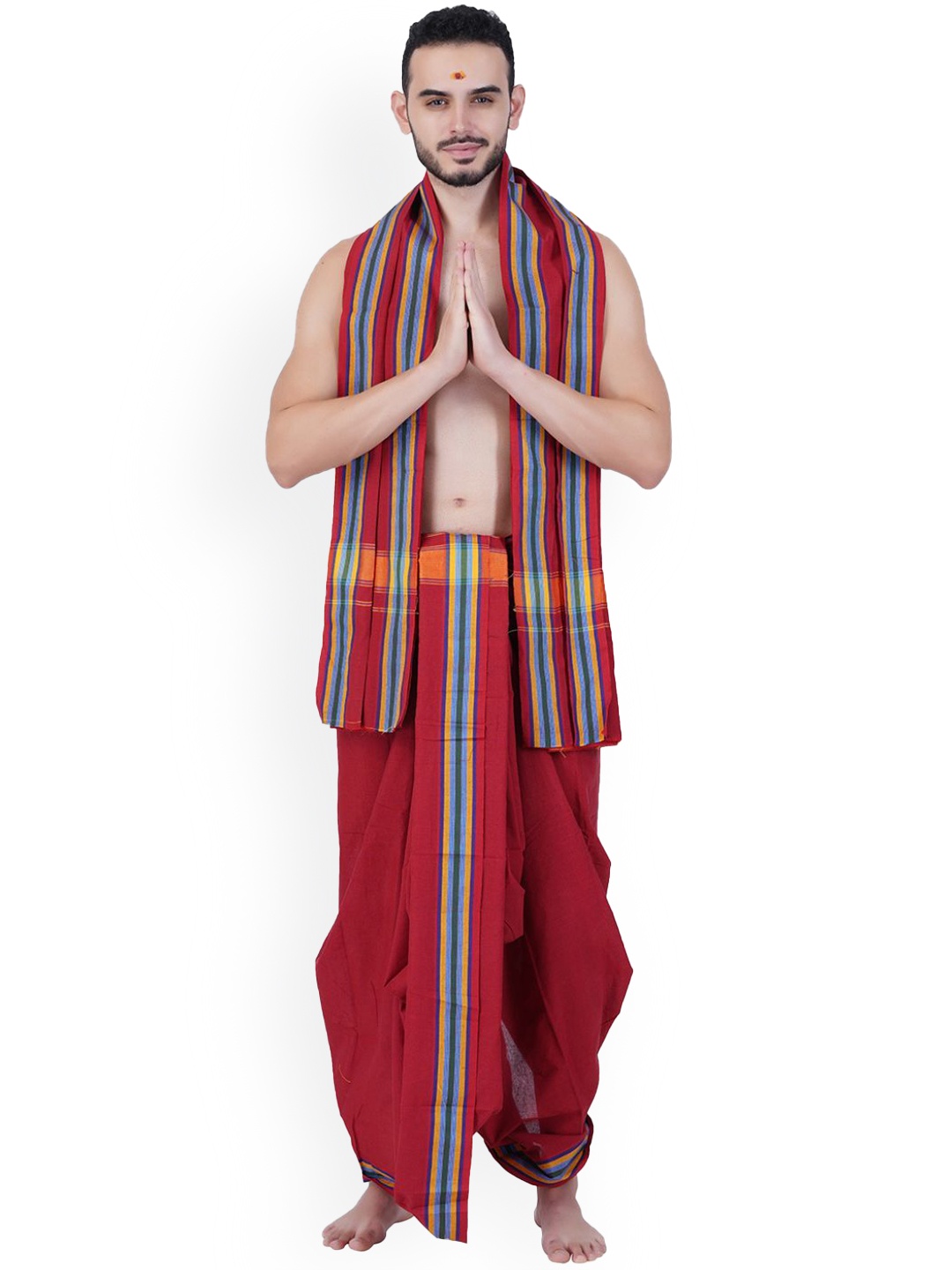 

Ethazh Men Cotton Dhoti & Angavasthram with Woven Border, Maroon