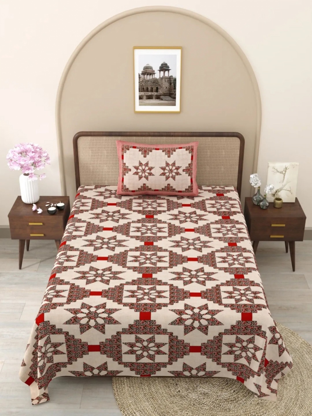 

LIVING ROOTS Maroon & Red Ethnic Motifs Cotton 144 TC Single Bedsheet with 1 Pillow Cover