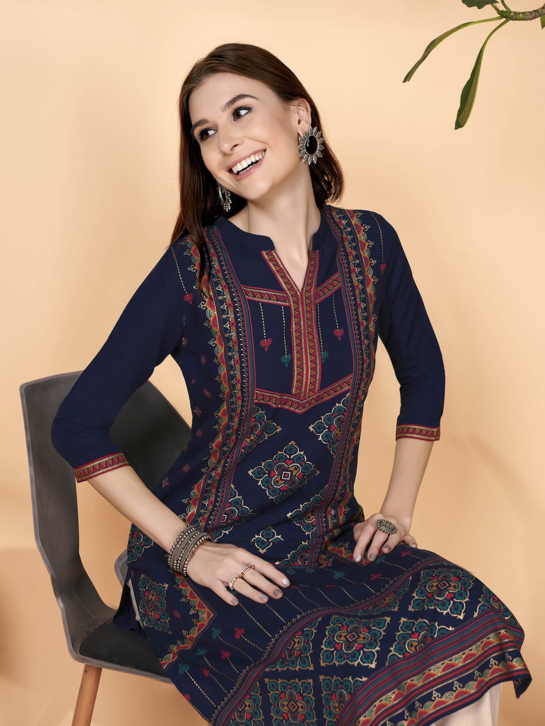 

Anouk Ethnic Motifs Printed Mandarin Collar Straight Kurta, Navy blue