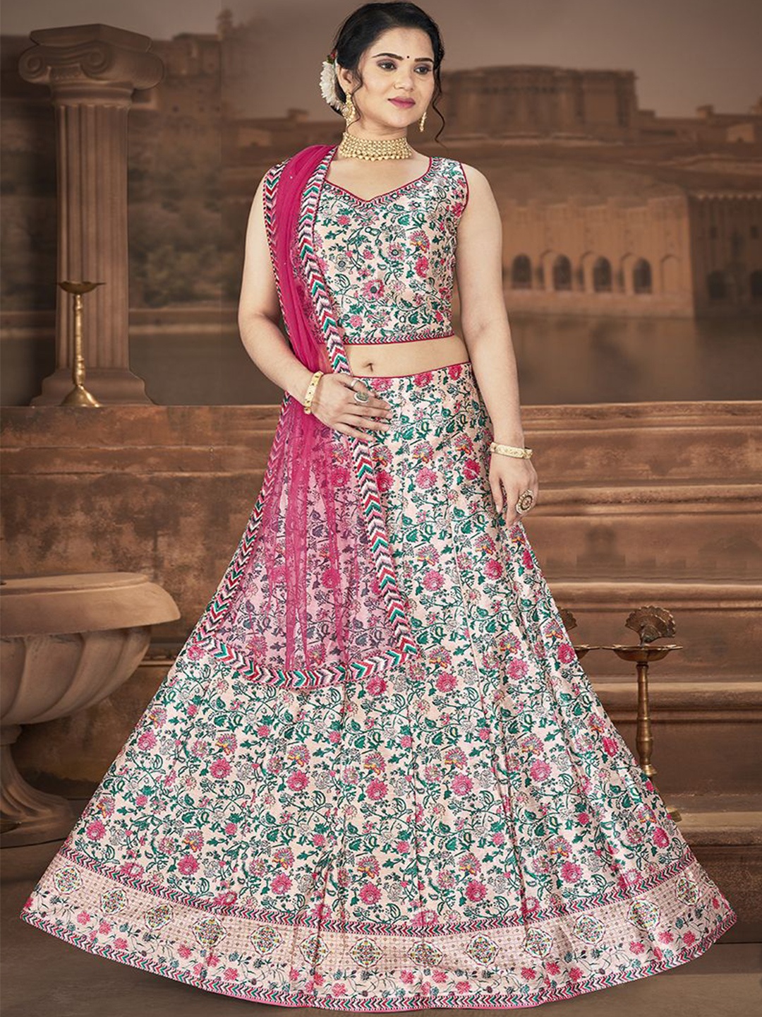 

Krimmple Printed Beads and Stones Ready to Wear Lehenga & Blouse With Dupatta, Peach