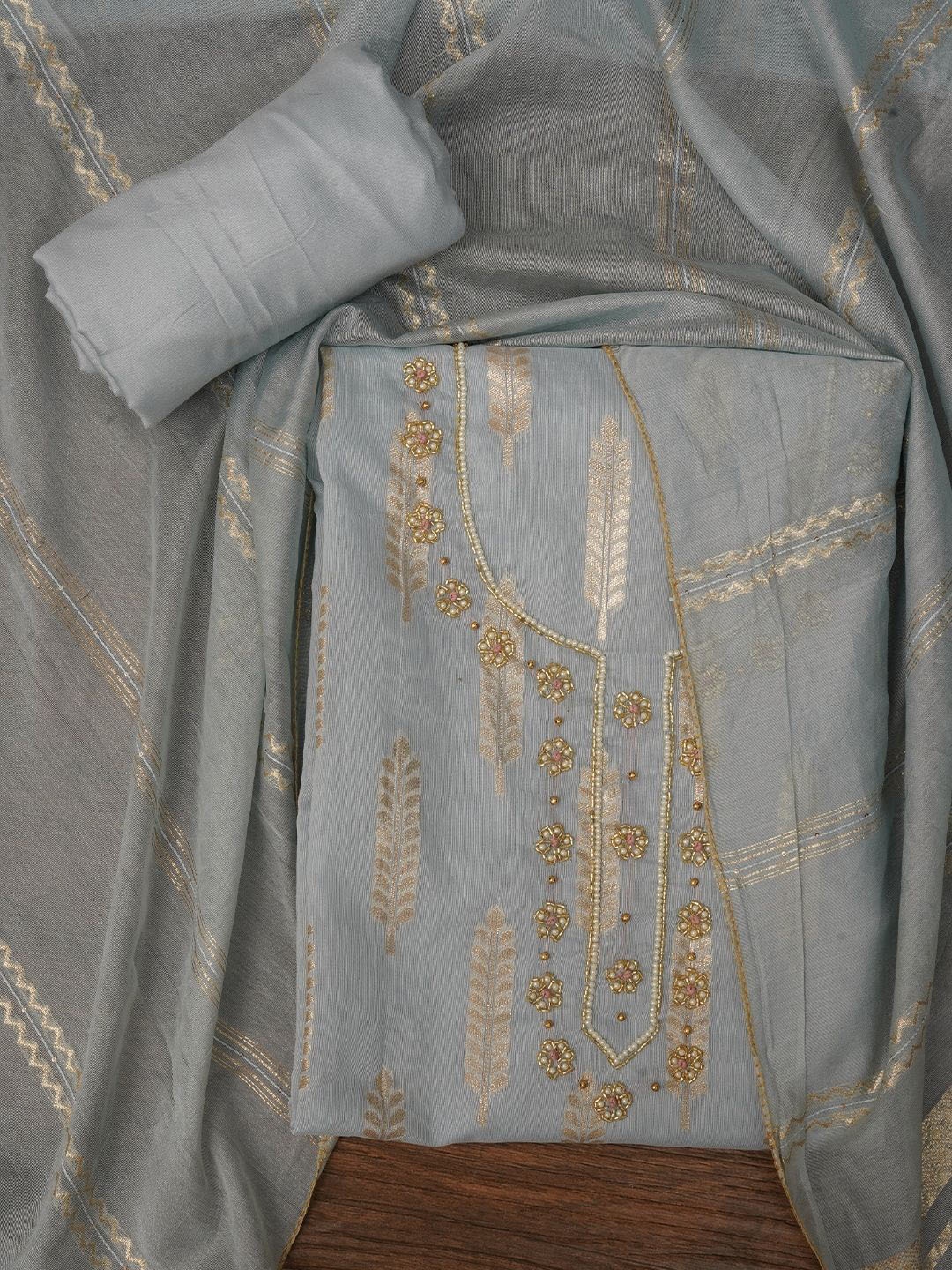 

Jaipur Kurti Unstitched Zari Silk Blend Dress Material With Dupatta, Grey