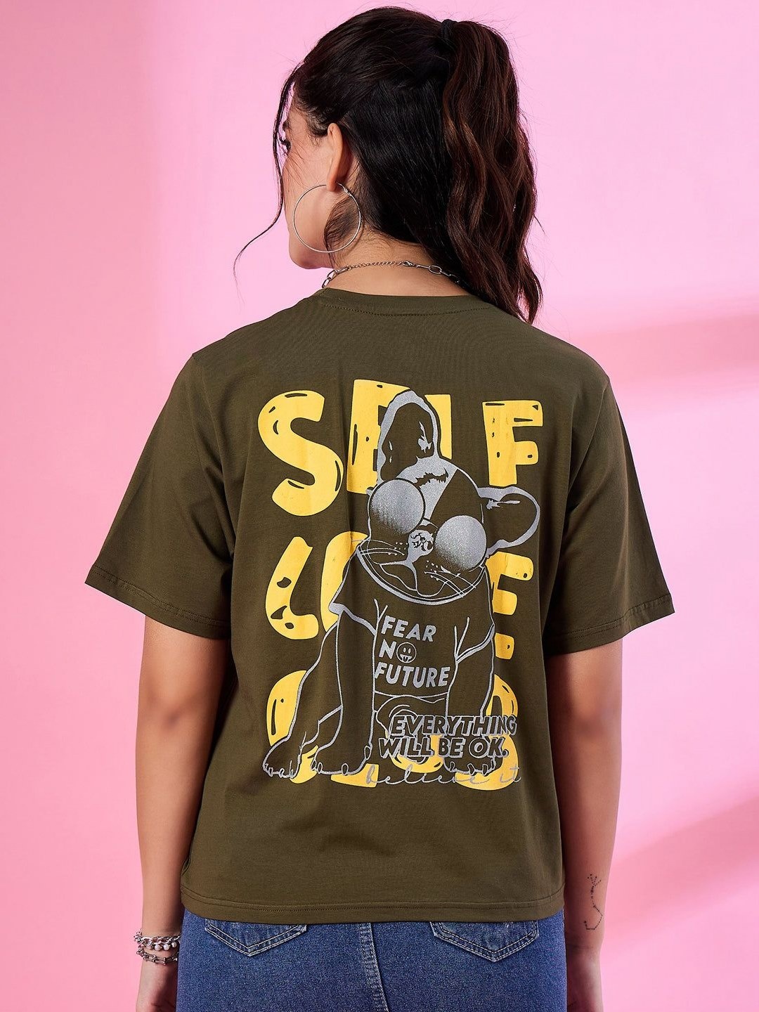 

CUPID Women Typography Printed Round Neck Cotton Oversized T-shirt, Green