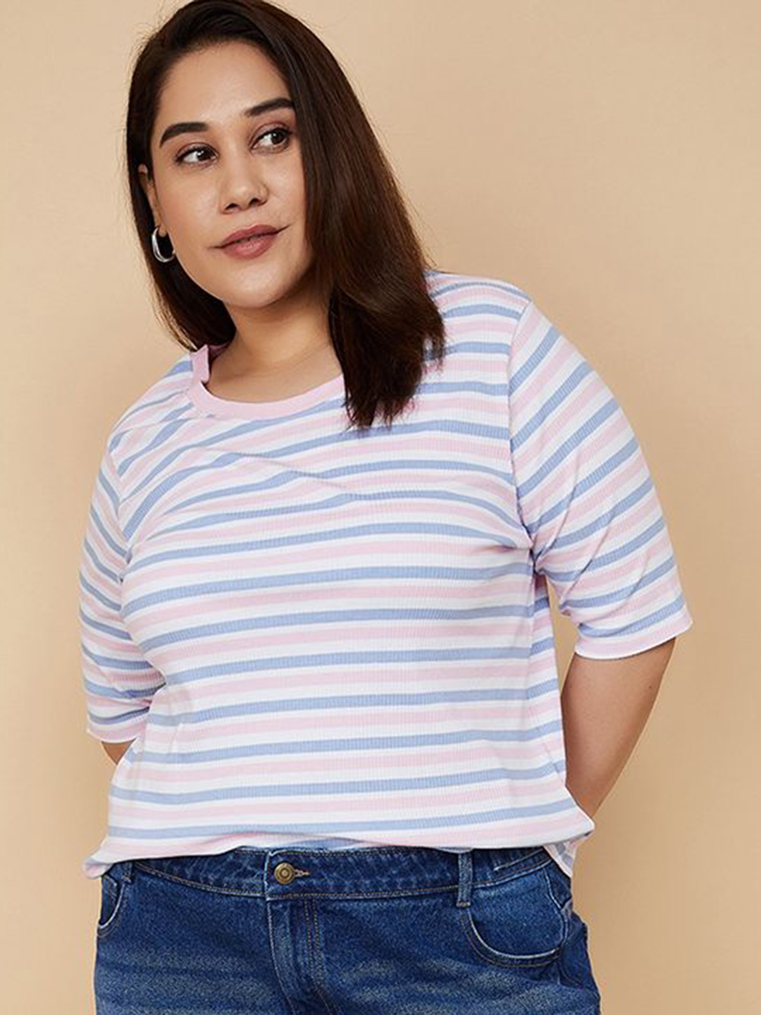 

max Women Striped Round Neck Cotton T-shirt, White