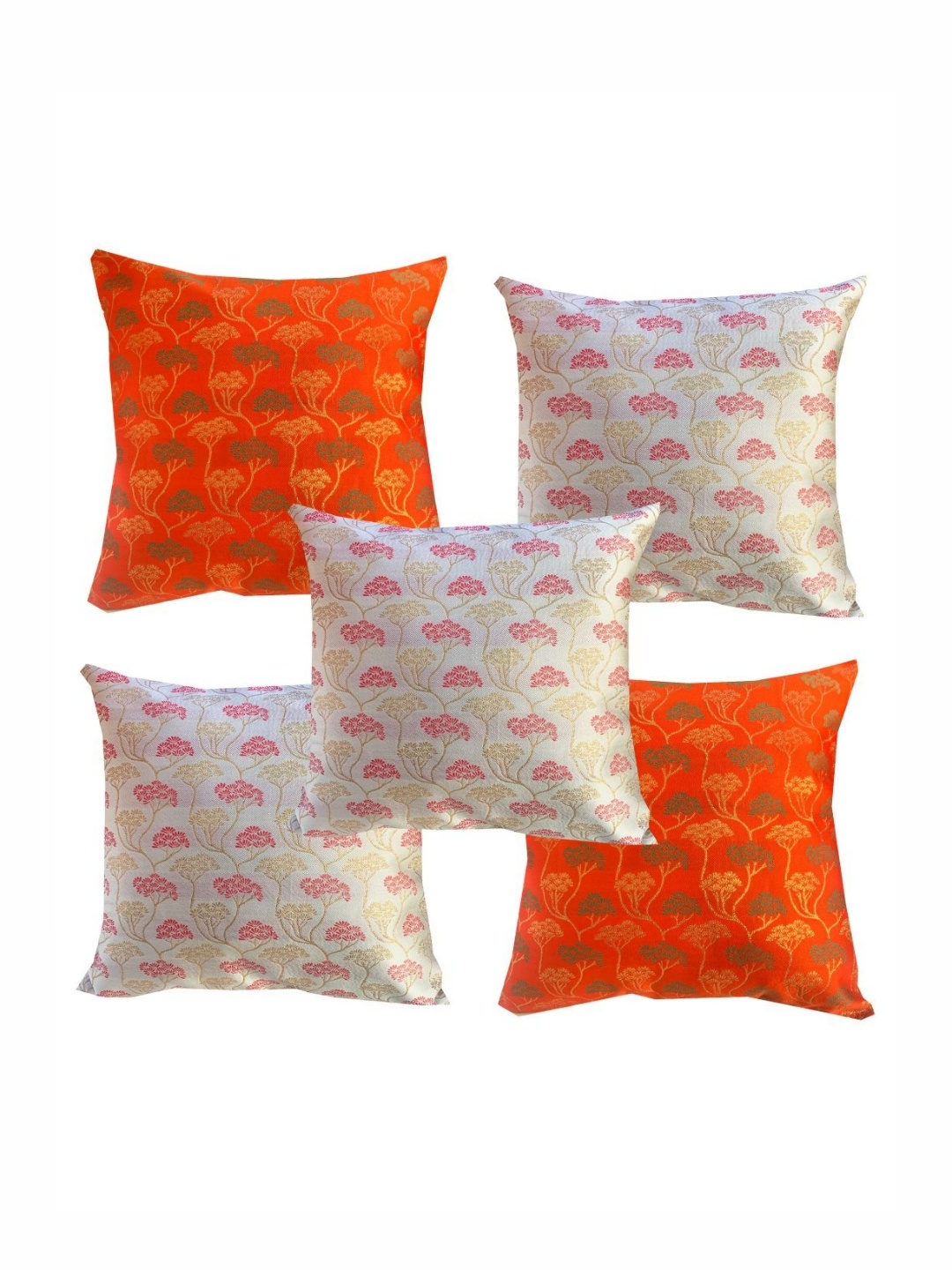 

Pink Parrot White & Orange 5 Pieces Floral Jacquard Silk Square Cushion Covers