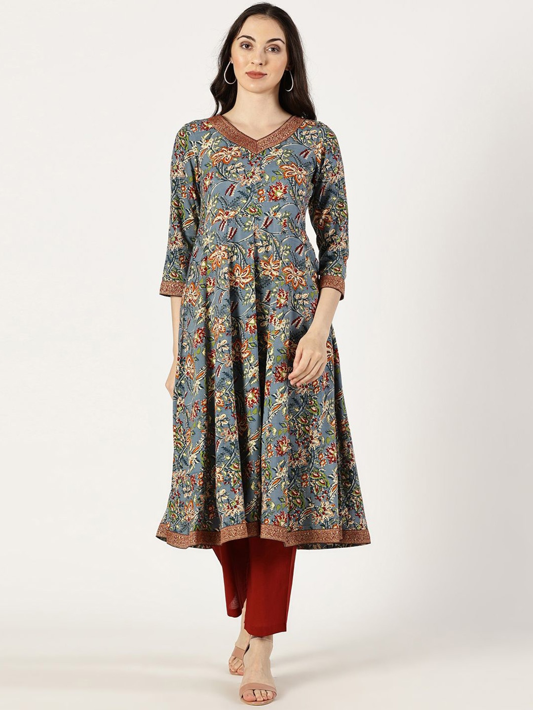 

Saffron Threads Floral Printed V-Neck Brocade Lace Details A-Line Kurta, Blue