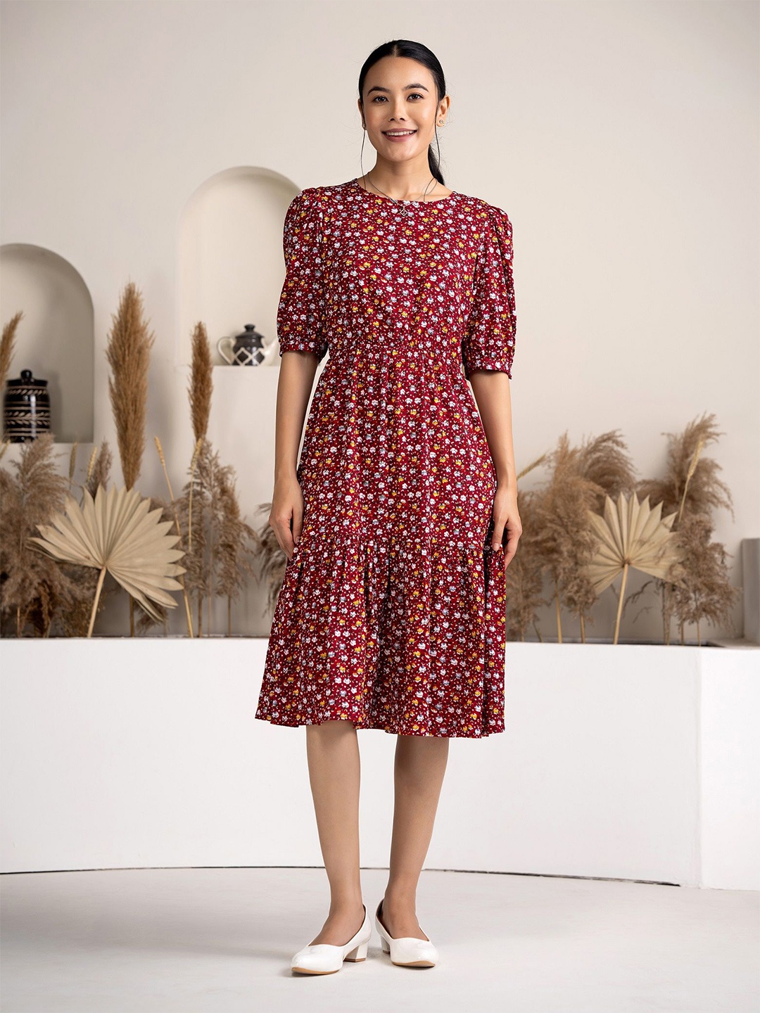

AASK Women Floral Printed Puff Sleeve Crepe Fit & Flare Dress, Maroon