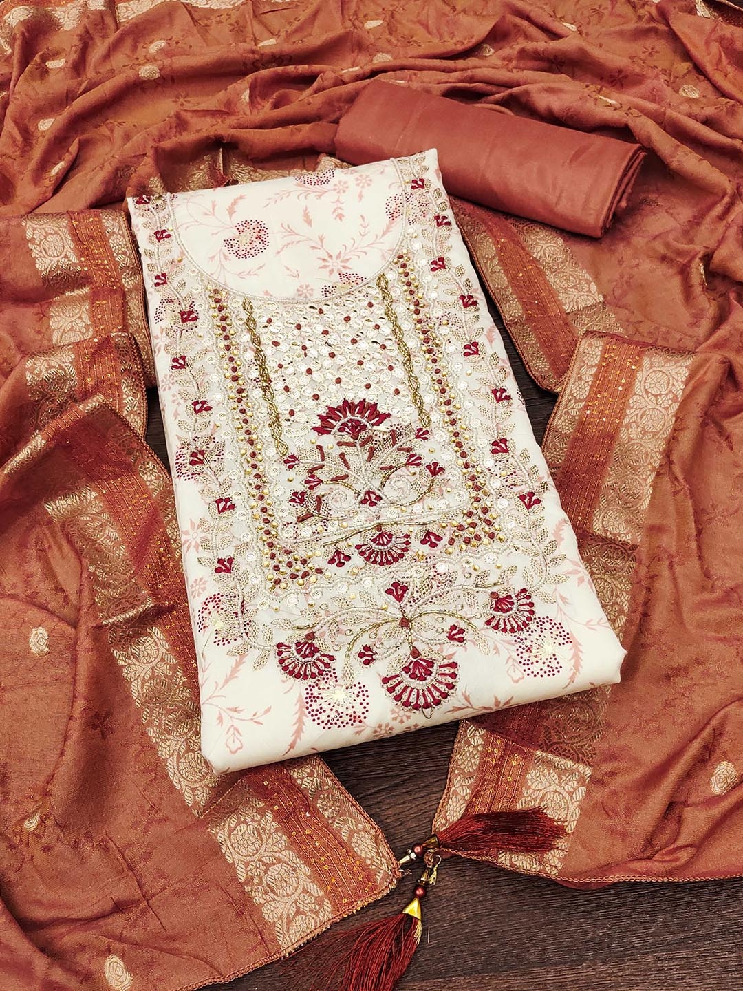 

Maroosh Embroidered Beads and Stones Unstitched Dress Material, Off white