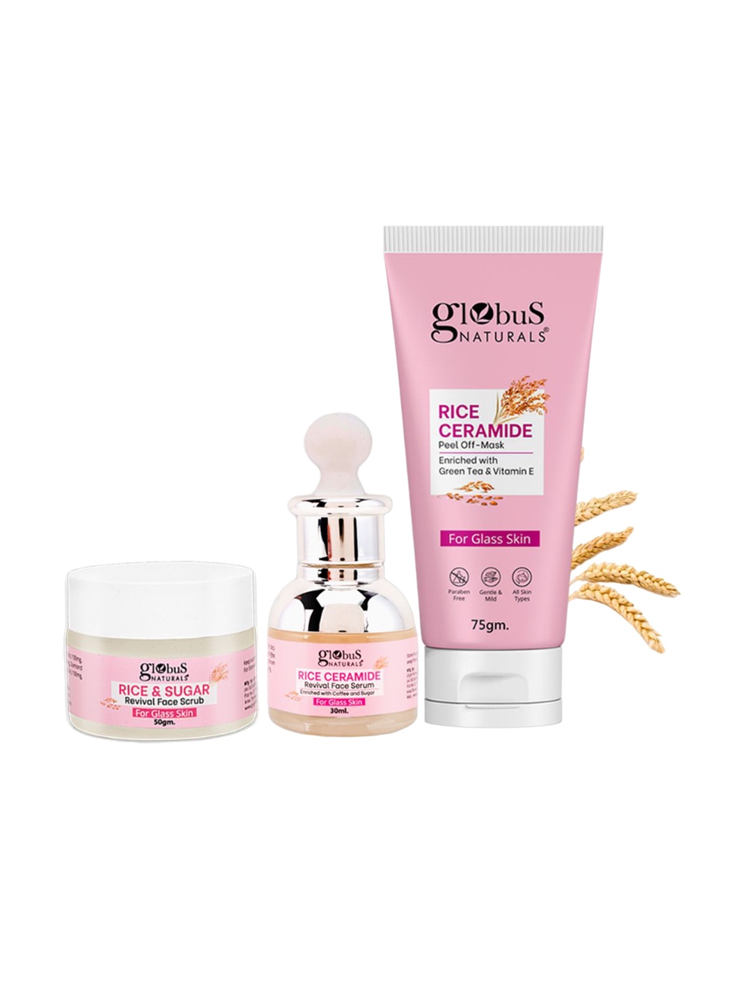 

Globus naturals Set Of 3 Rice Ceramid Face Scrub-50g, Serum-30ml & Peel Of Mask-75g, White