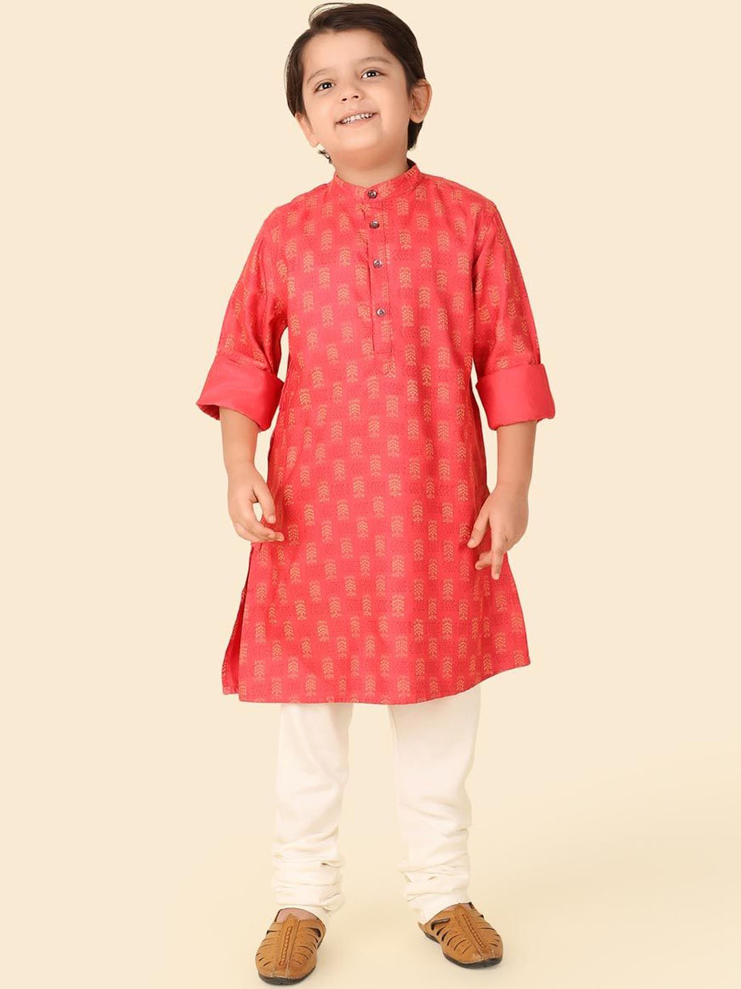 

Fabindia Boys Ethnic Motifs Printed Band Collar Straight Kurta, Coral