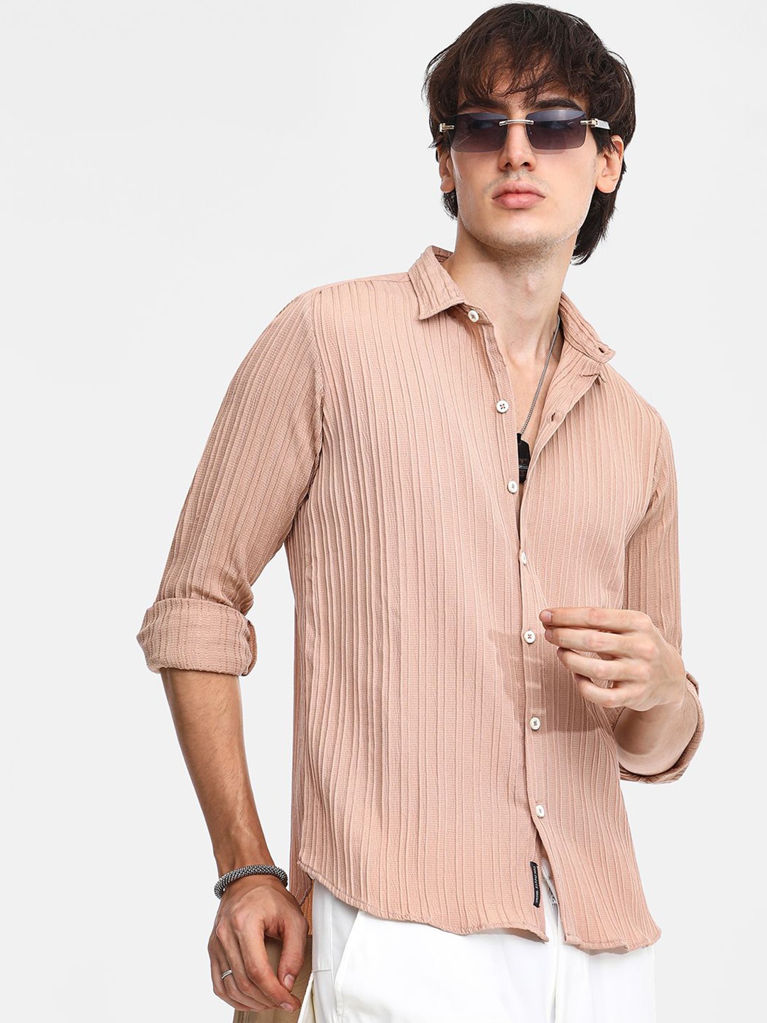 

Campus Sutra Men Comfort Spread Collar Textured Casual Shirt, Beige