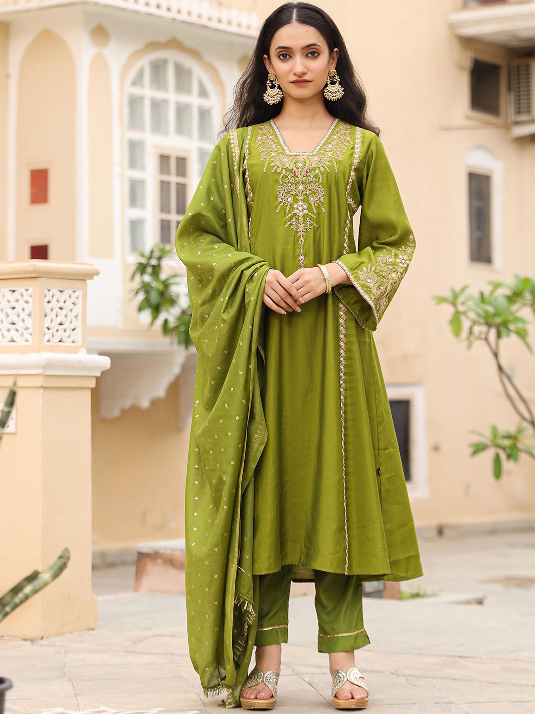 

Juniper Floral Embroidered Square Neck A-Line Kurta with Trousers & With Dupatta, Green