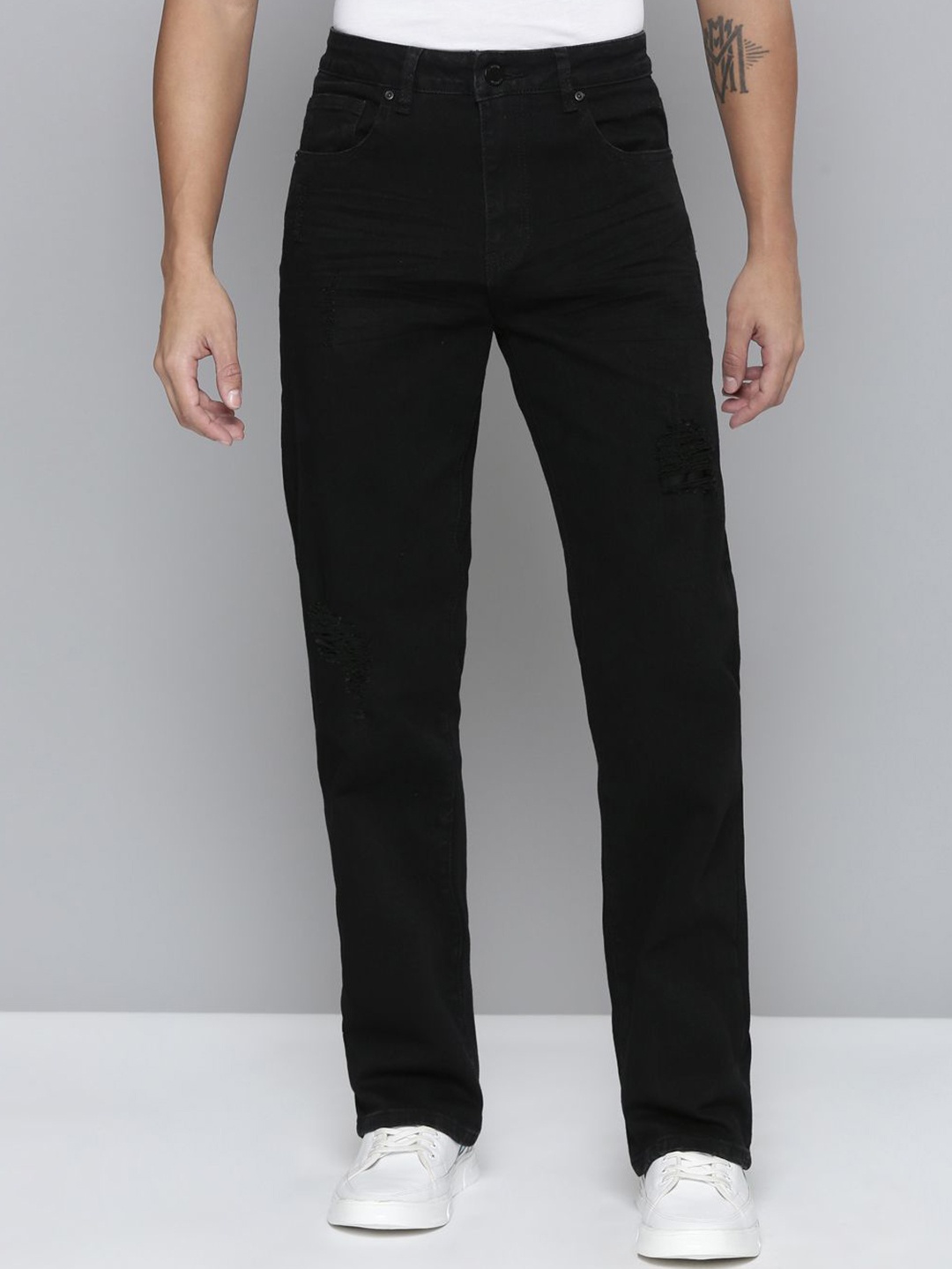 

WAIMEA Men Classic Relaxed Fit Low Distress Stretchable Jeans, Black