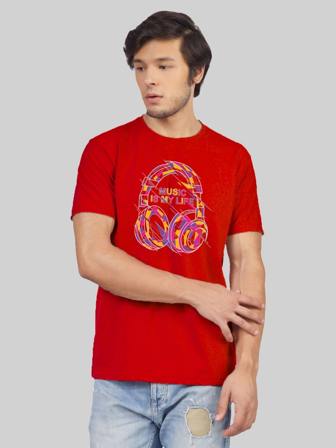 

Greylongg Men Graphic Printed Round Neck Cotton T-shirt, Red
