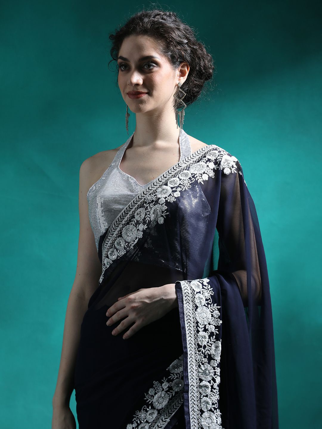 

Sangria Embroidered Border Saree With Unstitched Blouse Piece, Blue