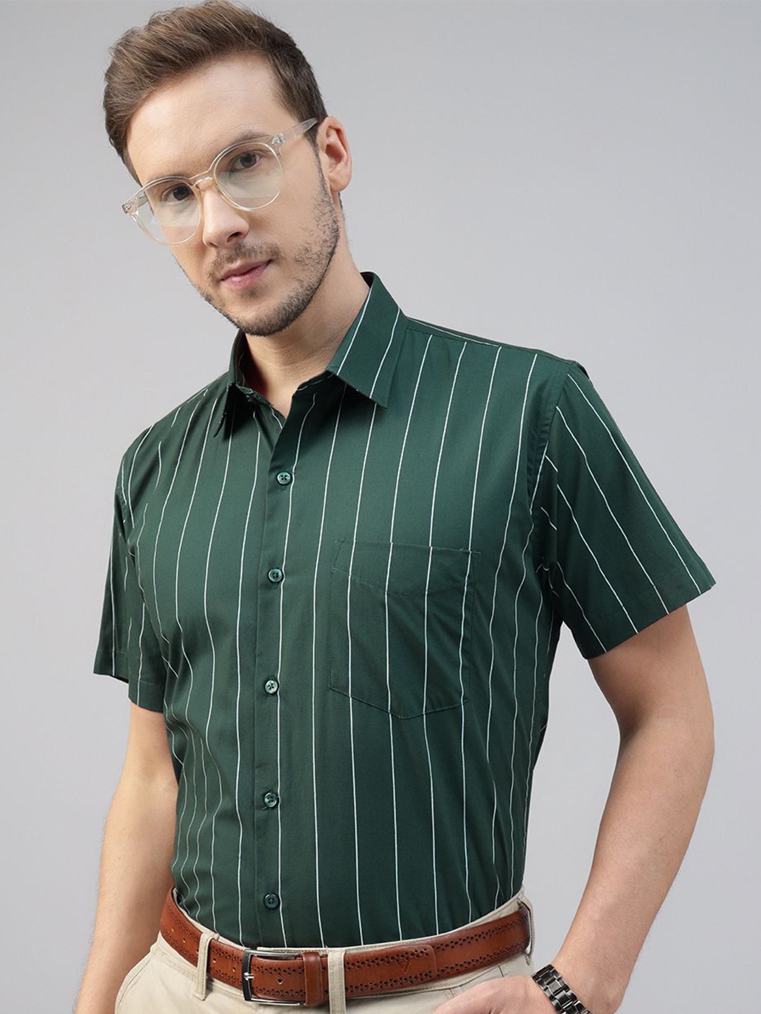 

Hancock Men Slim Fit Opaque Striped Pure Cotton Formal Shirt, Green