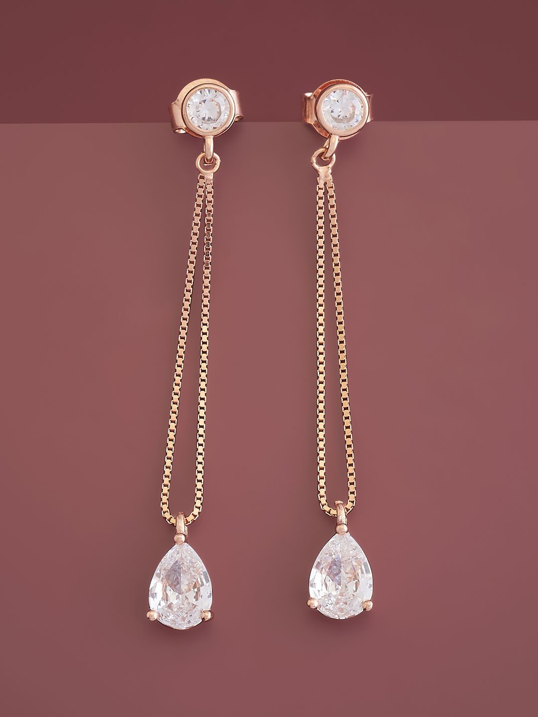 

Kushal's Fashion Jewellery 92.5 Pure Silver Rose Gold-Plated CZ Studded Drop Earrings