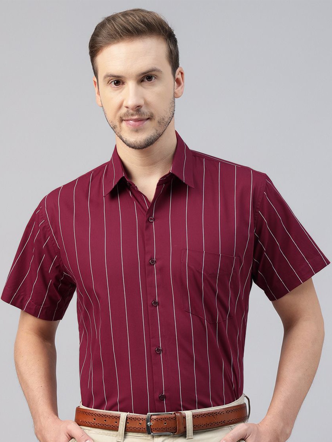 

Hancock Men Slim Fit Opaque Striped Pure Cotton Formal Shirt, Maroon