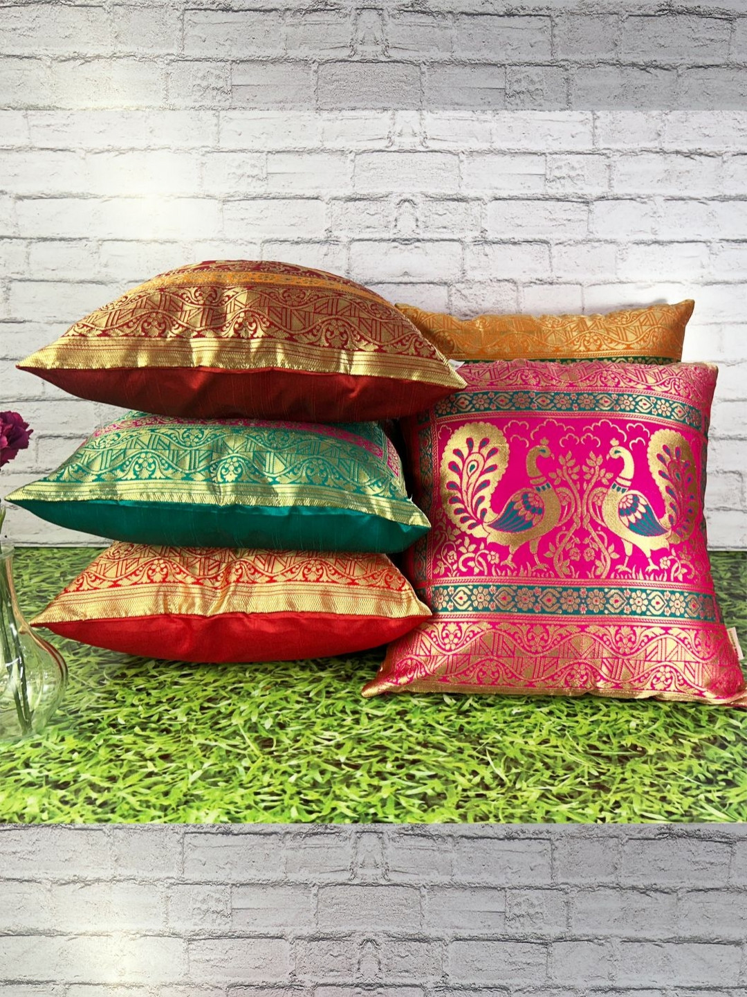 

Pink Parrot Pink & Green 5 Pieces Ethnic Motifs Printed Square Cushion Covers