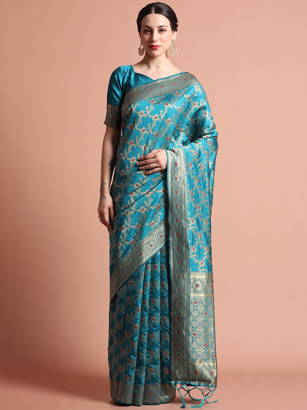 

Jaipur Kurti Banarasi Zari Woven Silk Blend Saree, Teal