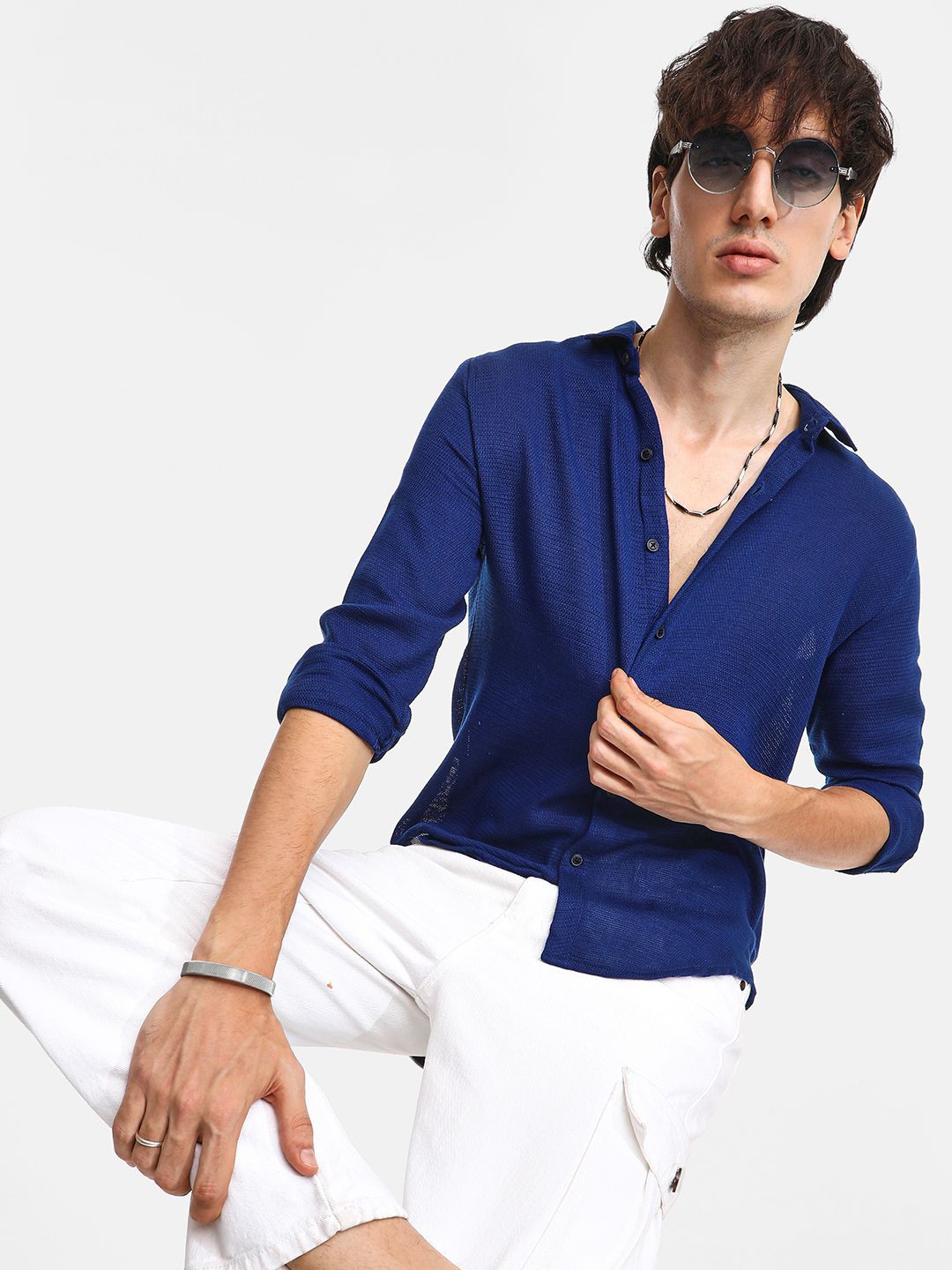 

Campus Sutra Men Comfort Spread Collar Textured Casual Shirt, Blue
