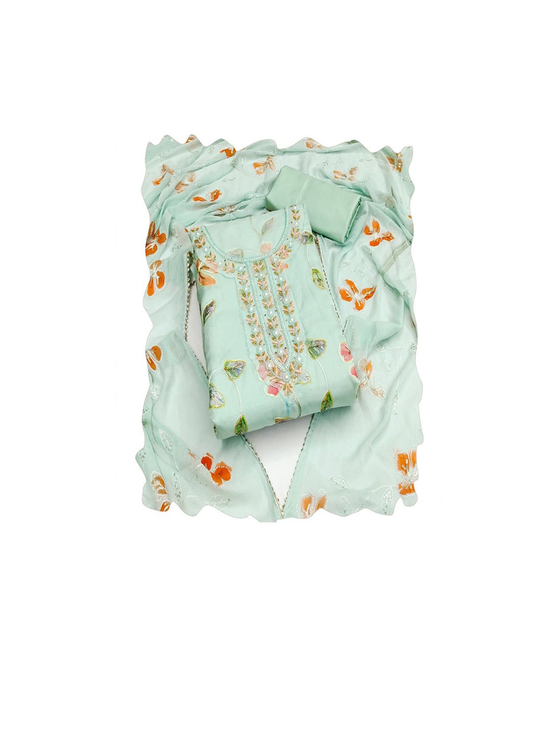 

ASISA Floral Embroidered Beads and Stones Organza Unstitched Dress Material, Turquoise blue