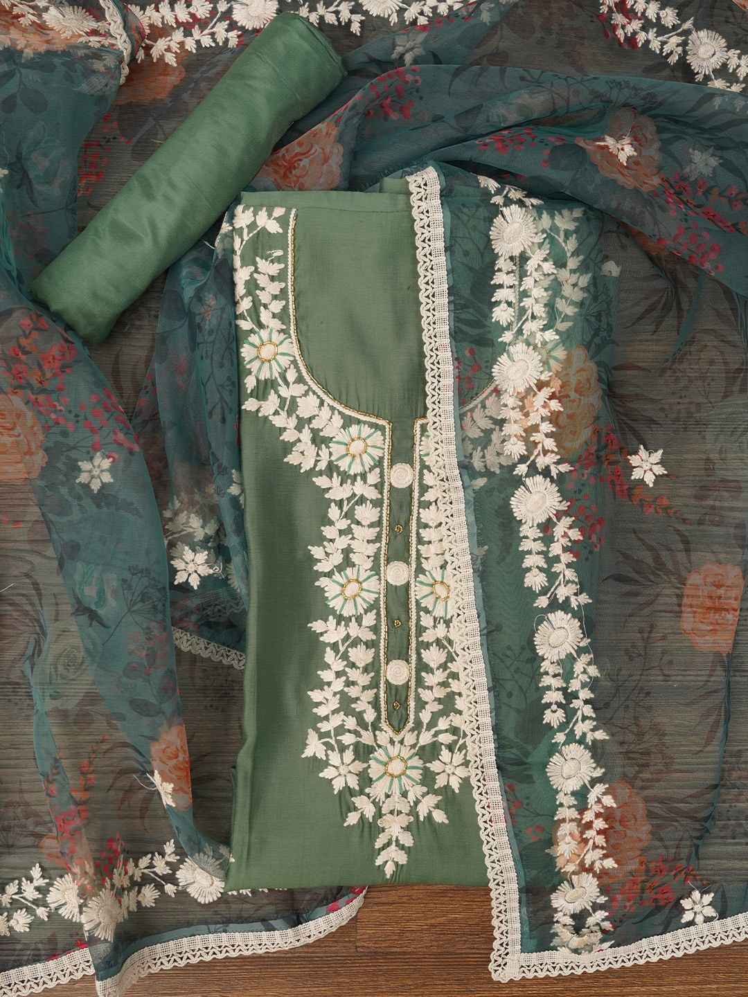 

Jaipur Kurti Pure Silk Lucknowi Embroidered Dress Material with Dupatta, Sea green
