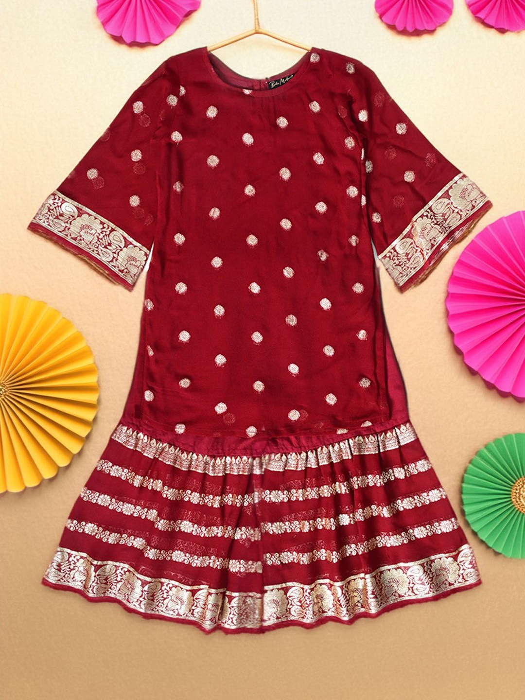 

Bella Moda Girls Ethnic Motifs Woven Design Silk Crepe Kurti with Sharara, Maroon
