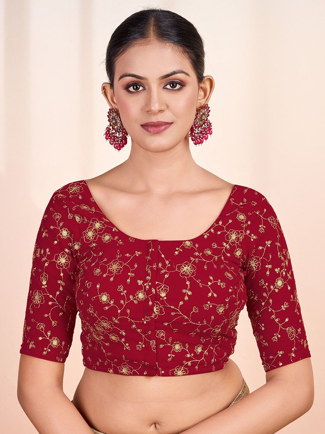 

Inddus Women Floral Embroidered Saree Blouse, Red