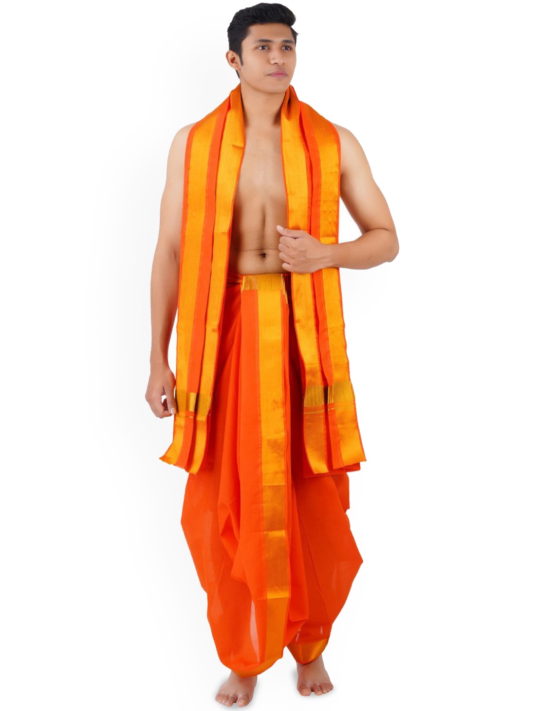 

Ethazh Men Cotton Dhoti & Angavasthram with Woven Zari Border, Orange