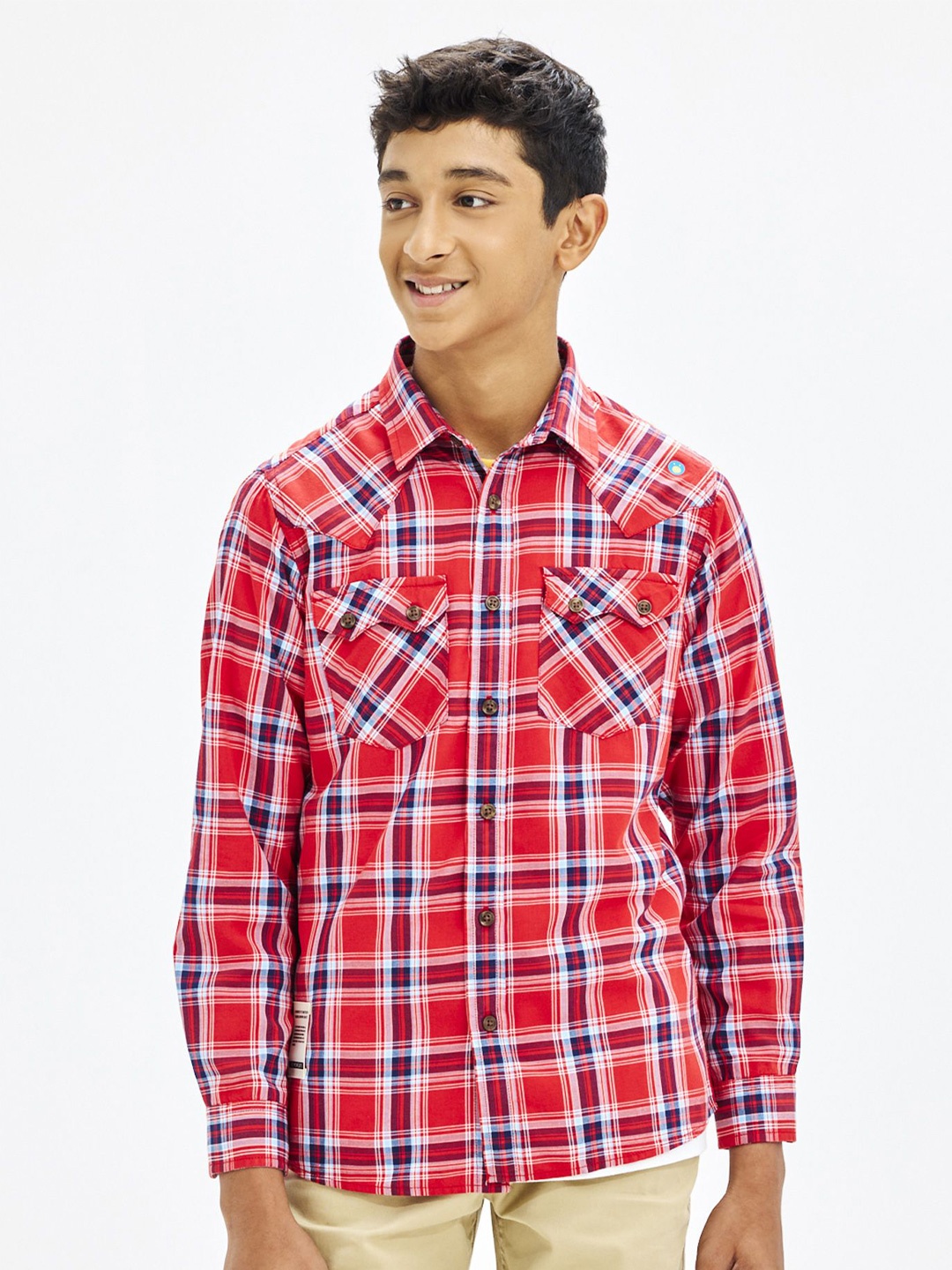 

NO MONDAYS Boys Relaxed Spread Collar Tartan Checked Cotton Casual Shirt, Red