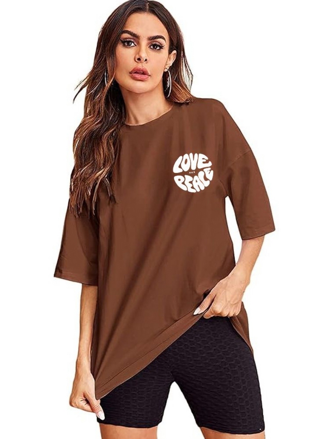 

VIXENLY Women Typography Printed Oversized T-shirt, Brown