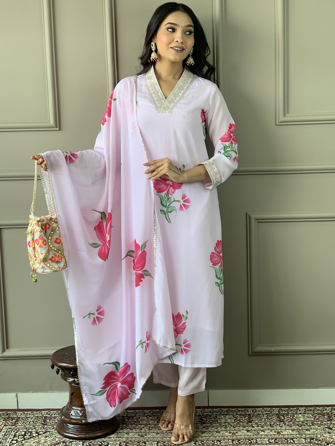 

KALINI Floral Printed V Neck Straight Kurta With Trousers & Dupatta, Lavender
