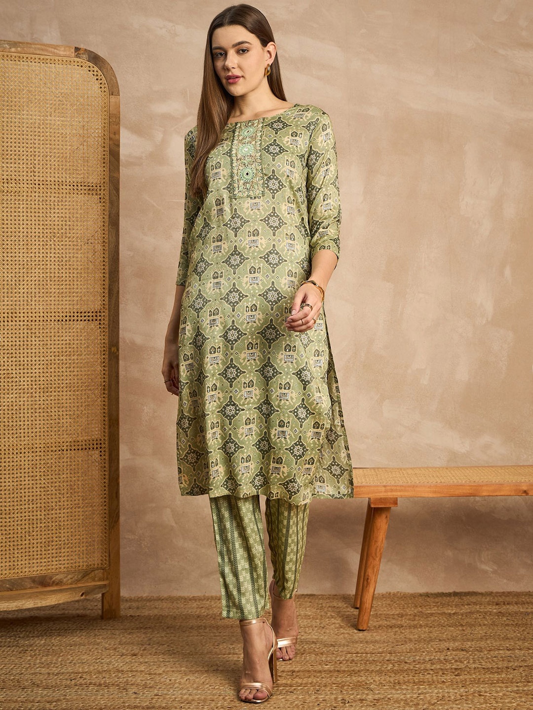 

all about you Women Embroidered Regular Mirror Work Kurta with Trousers, Green