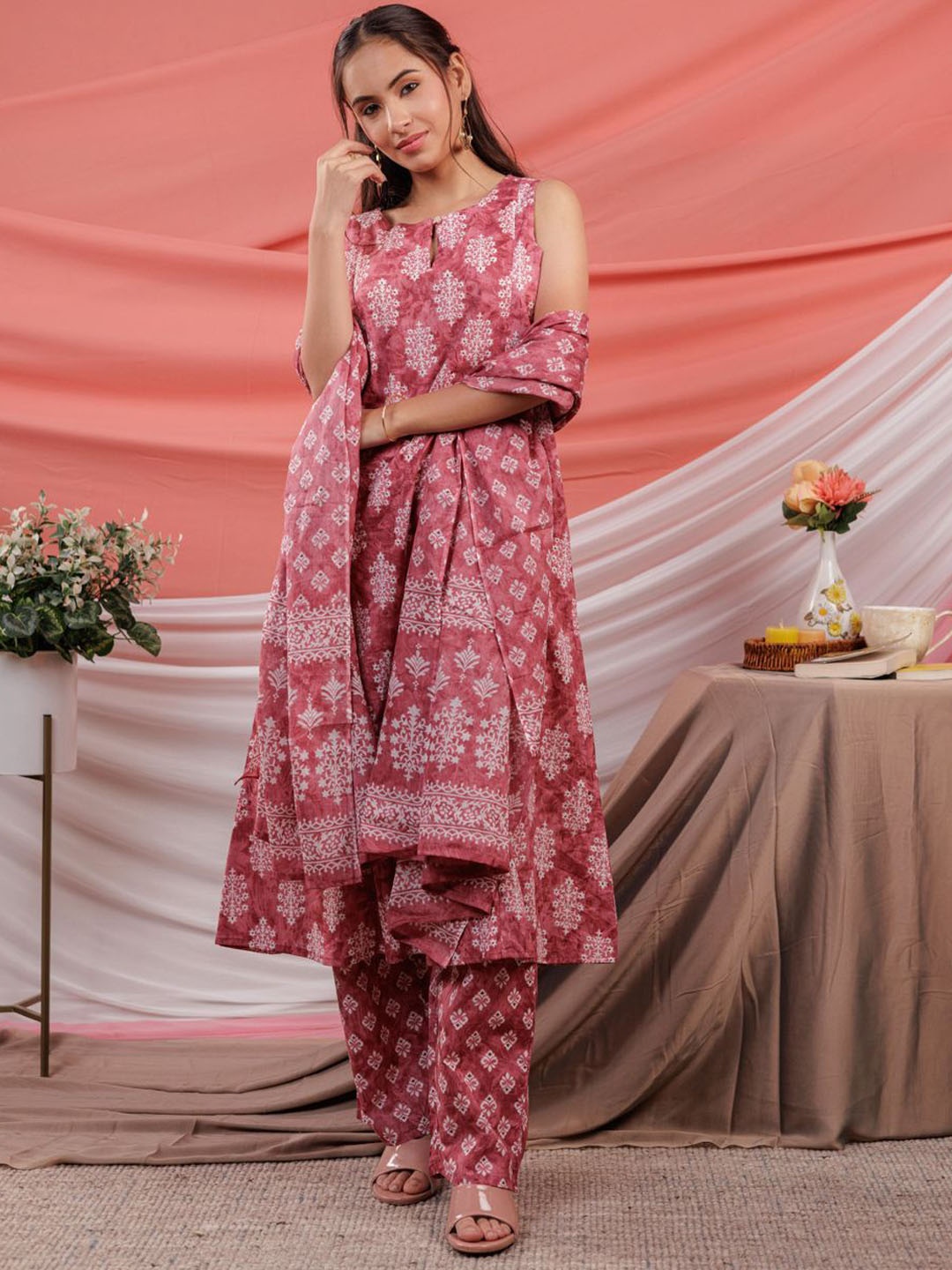 

Yufta Pink Ethnic Motifs Printed Pure Cotton A-line Kurta With Trousers & Dupatta