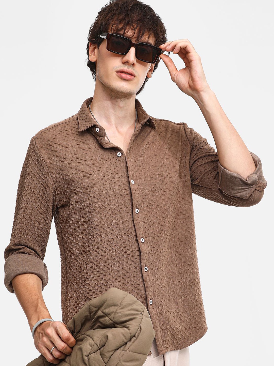 

Campus Sutra Men Comfort Spread Collar Textured Casual Shirt, Brown