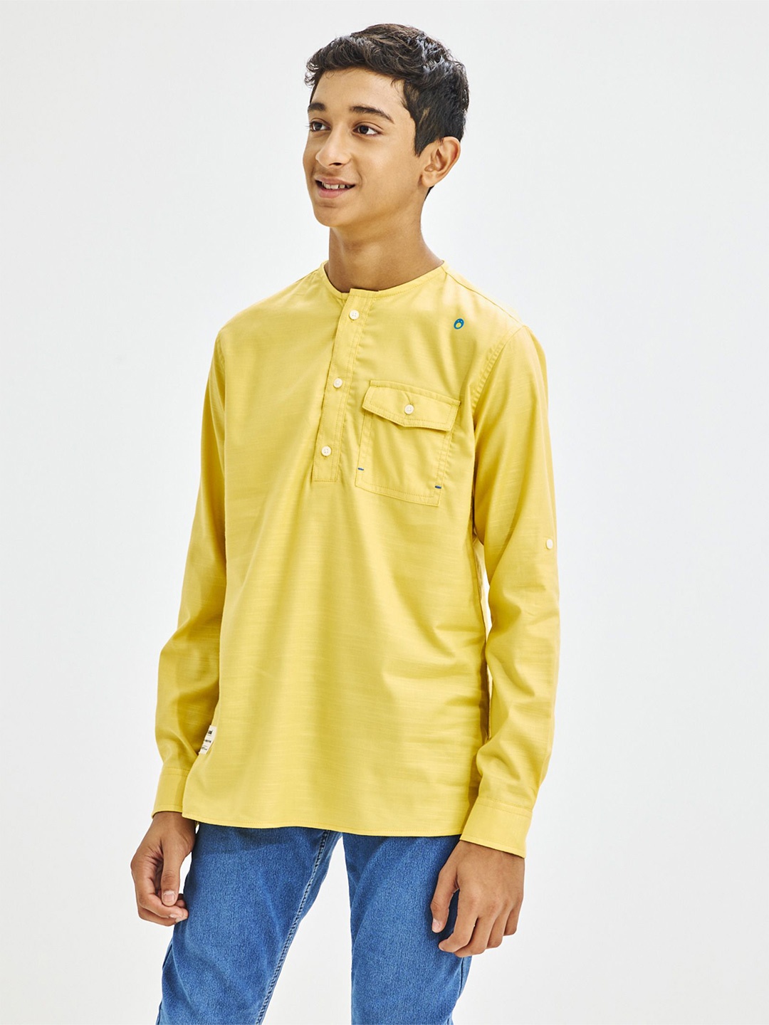 

NO MONDAYS Boys Relaxed Collarless Solid Cotton Casual Shirt, Yellow