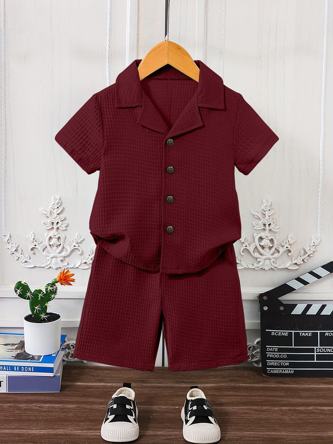 

OMPAX Boys Self-Design Shirt With Short, Maroon