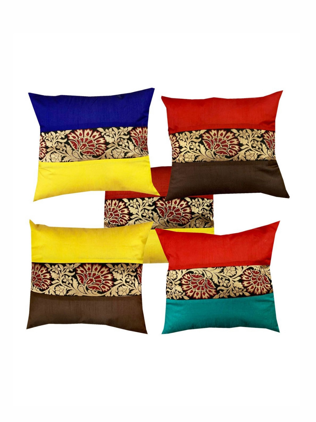 

Pink Parrot Blue & Yellow 5 Pieces Ethnic Motifs Square Cushion Covers